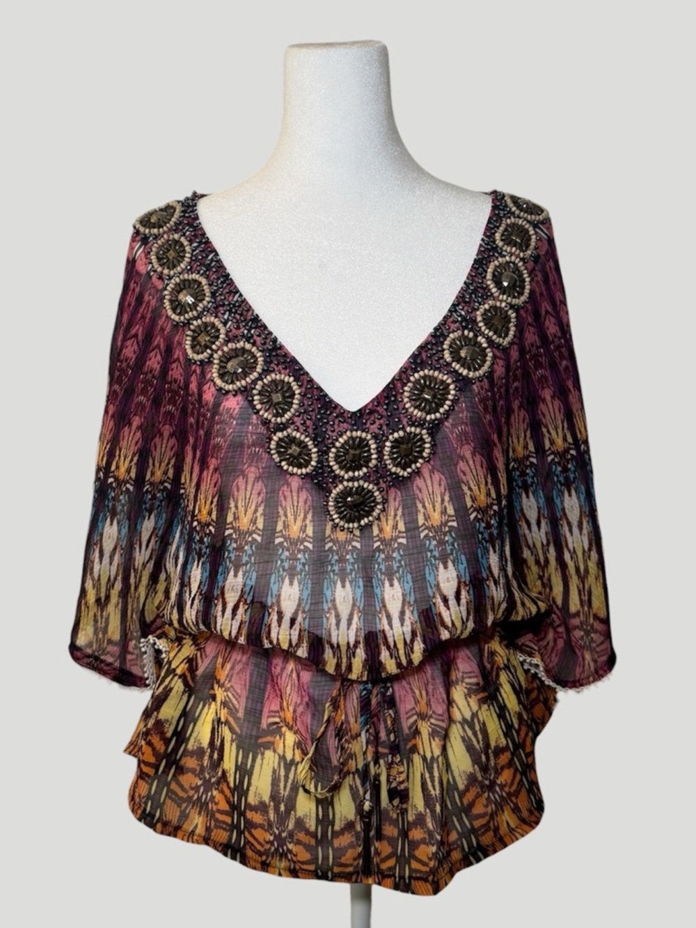 Multicolor Ikat Chiffon Top w/ Beaded V Neck Butterfly Sleeves Cinched Waist